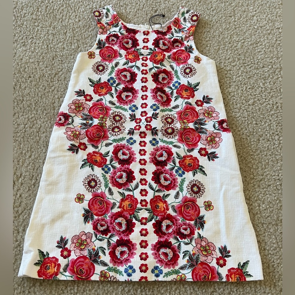 Zara White Dress with Red and Pink Floral Embroidery